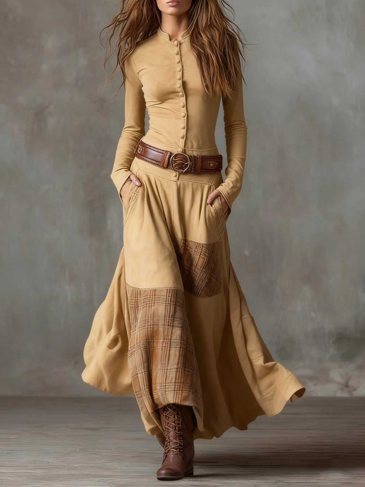 Stand Collar Button Front Belted Suede Plaid Maxi Dress 3