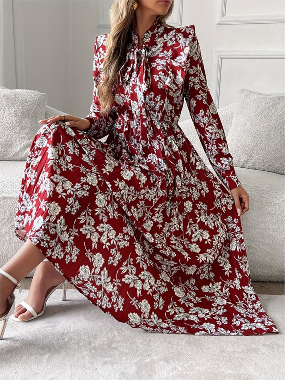 Red Floral Print Pussy Bow Neck Long Sleeve Pleated Midi Dress 5