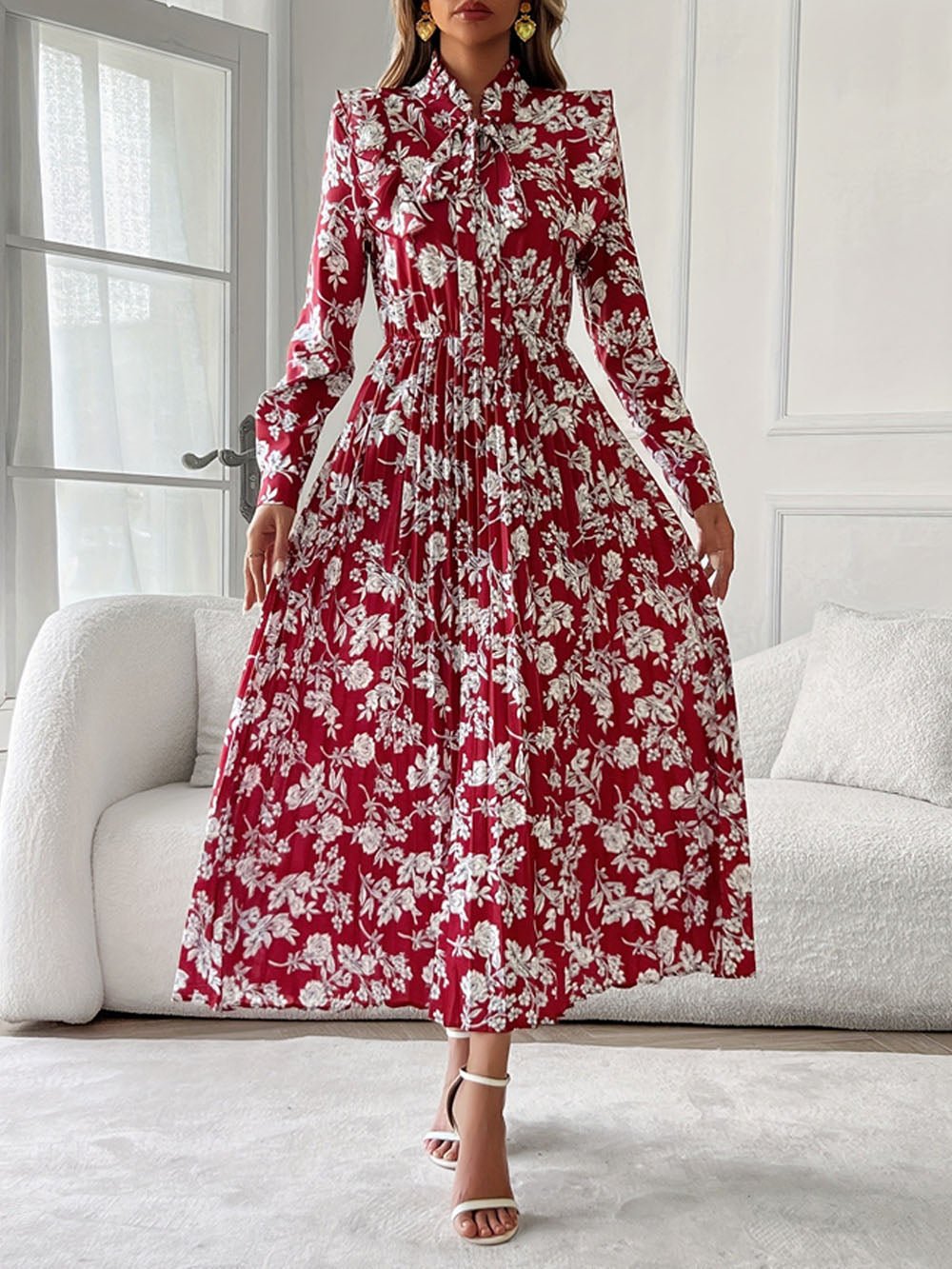Red Floral Print Pussy Bow Neck Long Sleeve Pleated Midi Dress 3