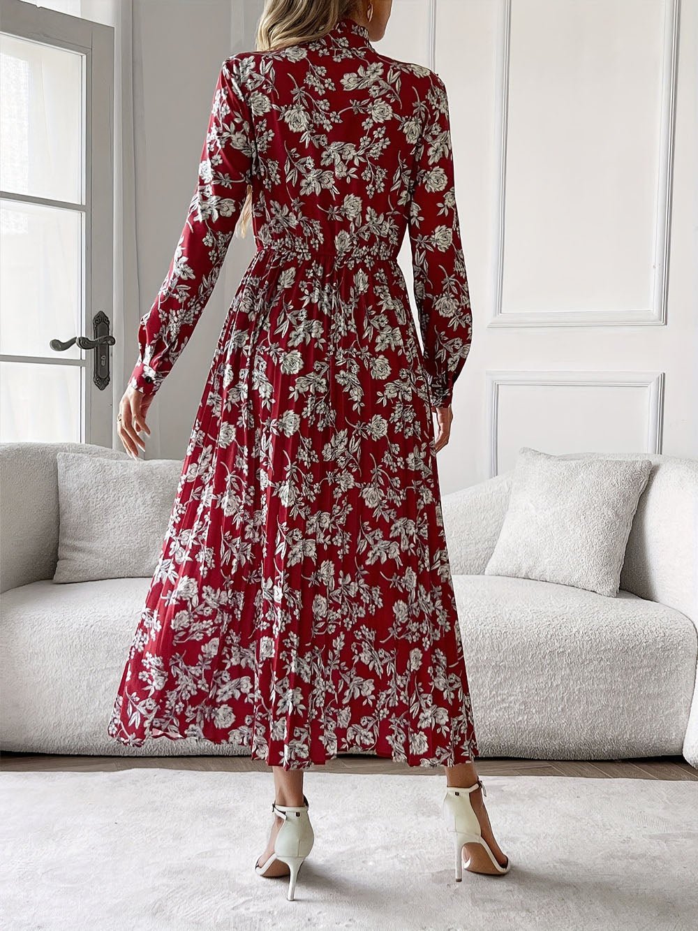 Red Floral Print Pussy Bow Neck Long Sleeve Pleated Midi Dress 2