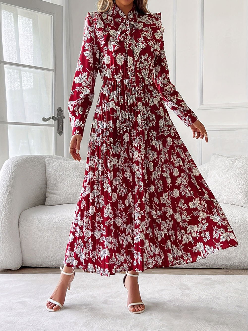Red Floral Print Pussy Bow Neck Long Sleeve Pleated Midi Dress 4