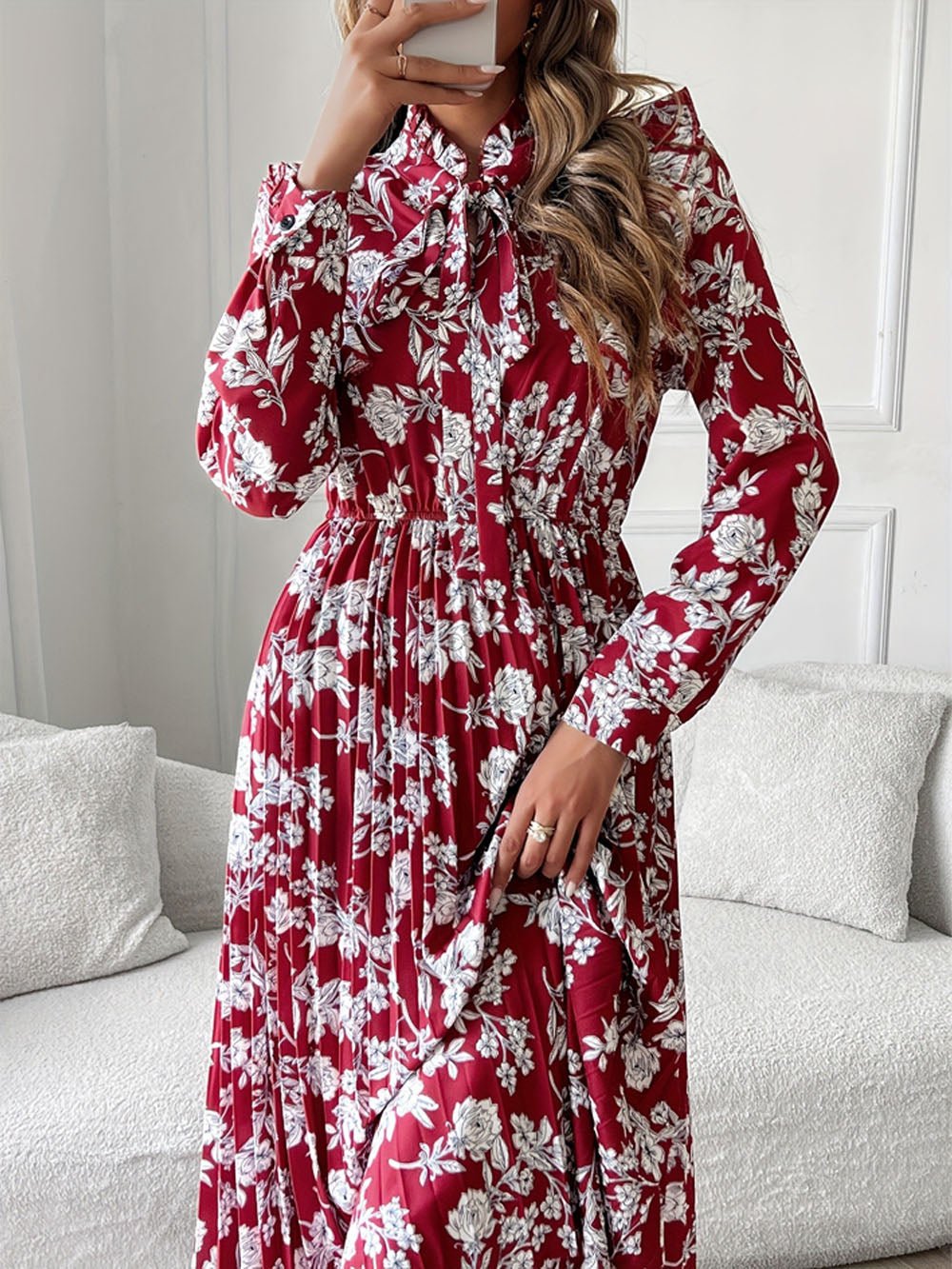 Red Floral Print Pussy Bow Neck Long Sleeve Pleated Midi Dress 6