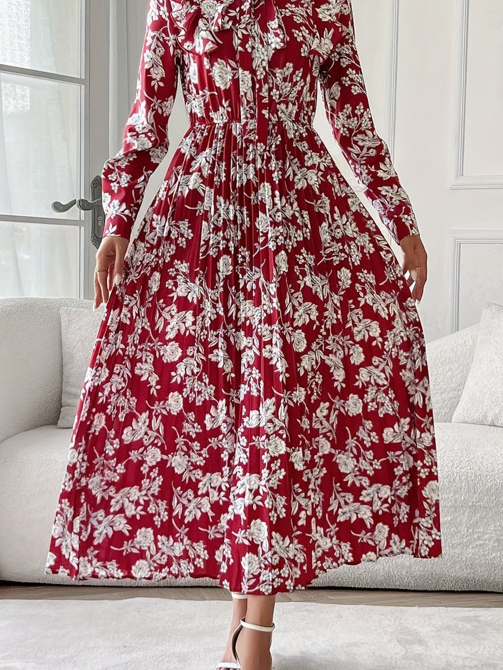 Red Floral Print Pussy Bow Neck Long Sleeve Pleated Midi Dress 7