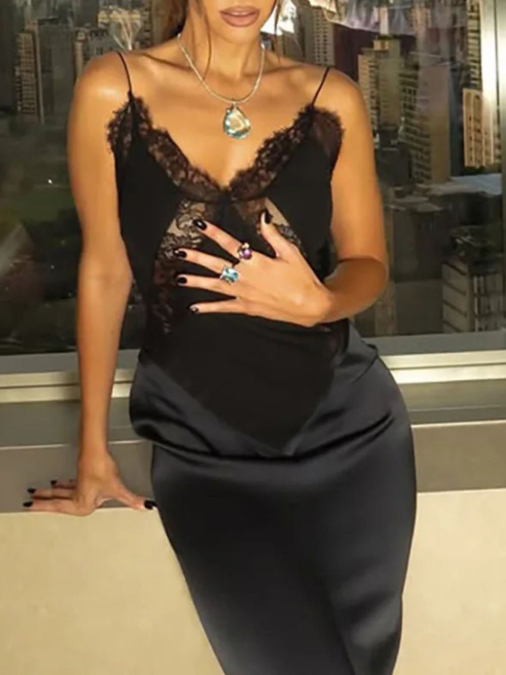 Black Lace Trim Spaghetti Strap Deep V-Neck Satin Maxi Dress 4
