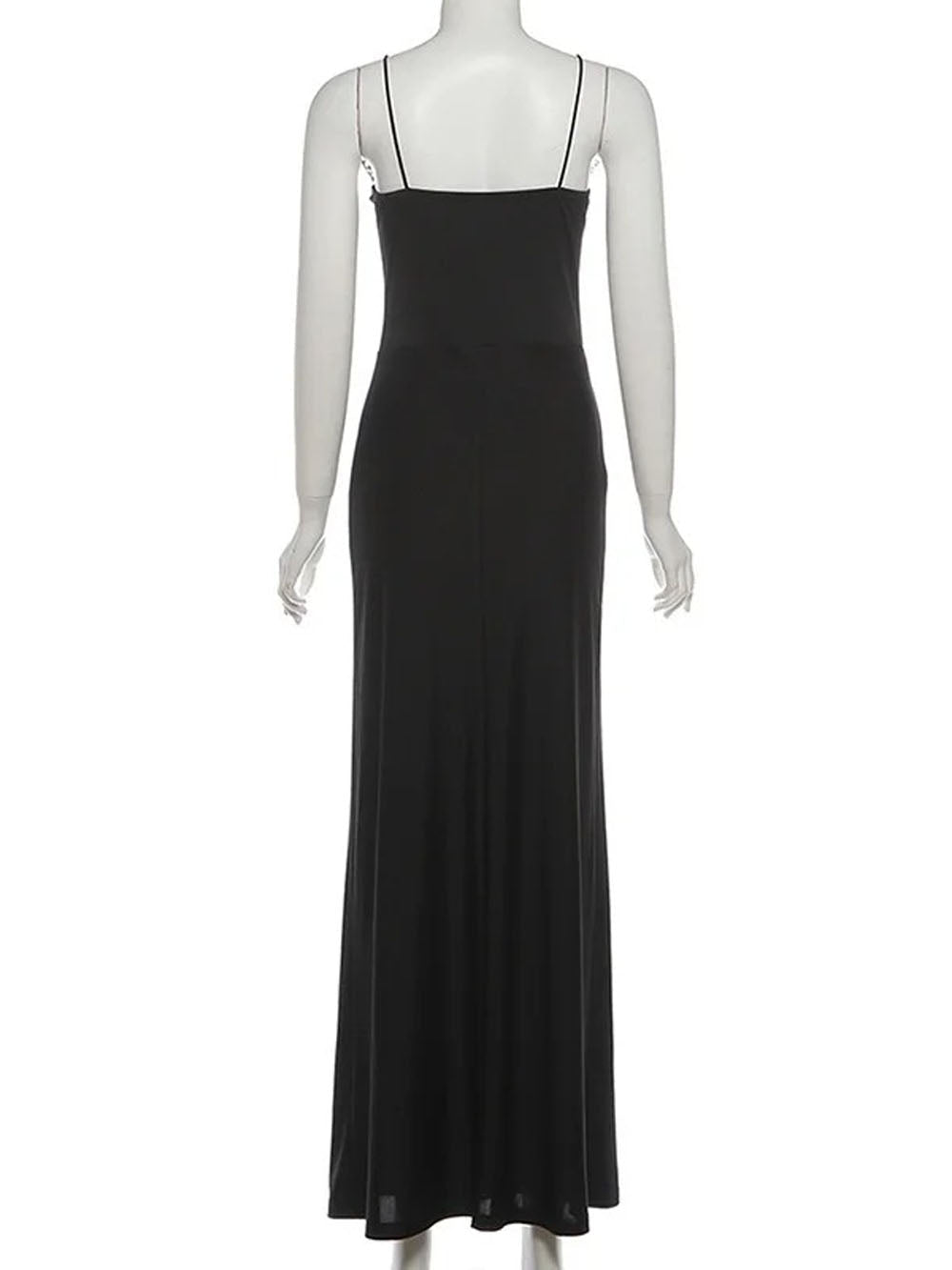 Black Lace Trim Spaghetti Strap Deep V-Neck Satin Maxi Dress 2
