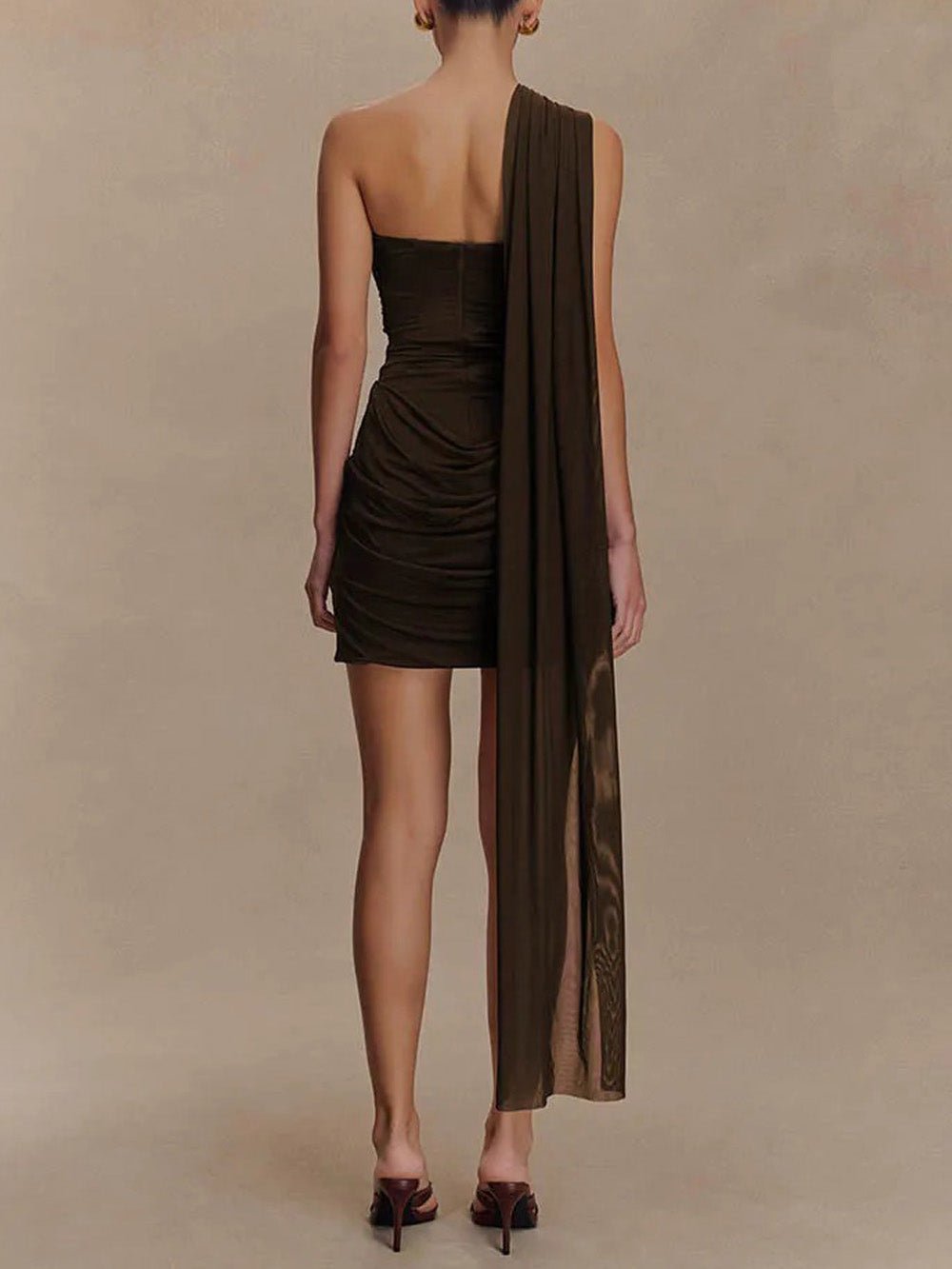 Brown One Shoulder Cut Out Corset Bodice Ruched Sash Train Mini Dress 2