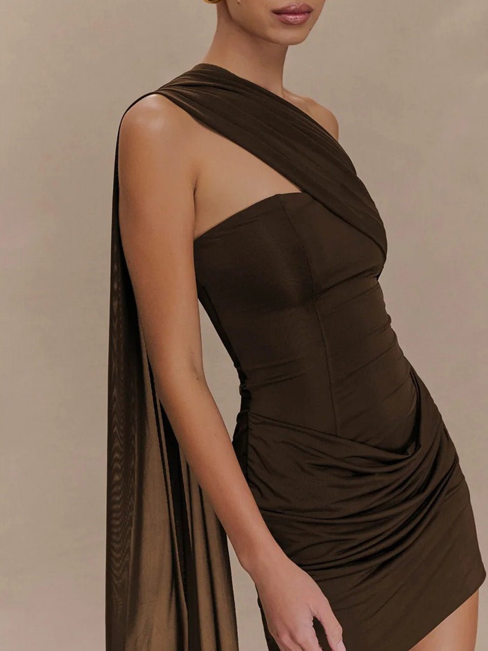 Brown One Shoulder Cut Out Corset Bodice Ruched Sash Train Mini Dress 4