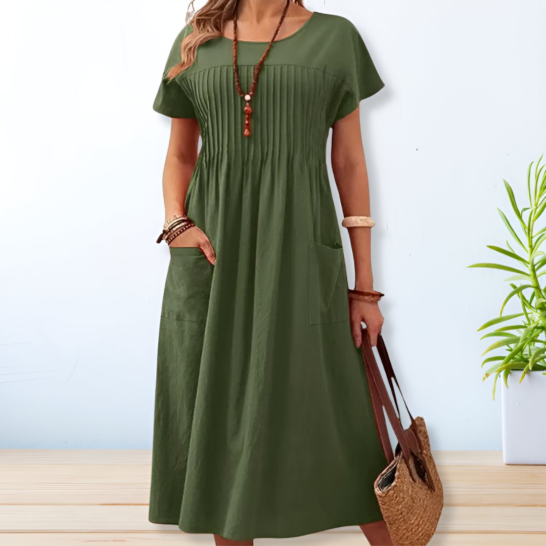 Round Neck Pintuck Short Sleeve Pocket Loose Linen Midi Dress