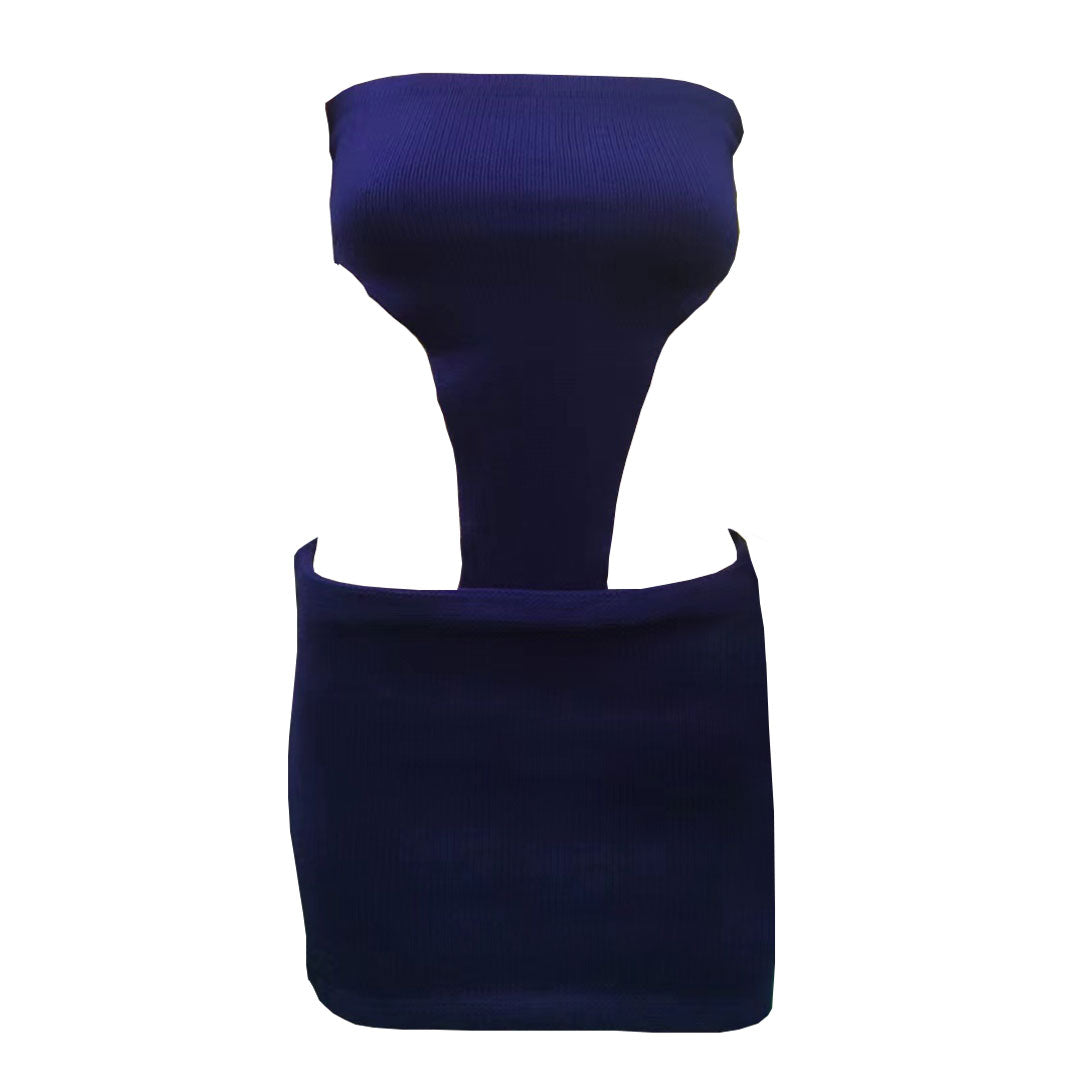 Navy Blue Strapless Ribbed Knit Side Cutout Bodycon Mini Dress