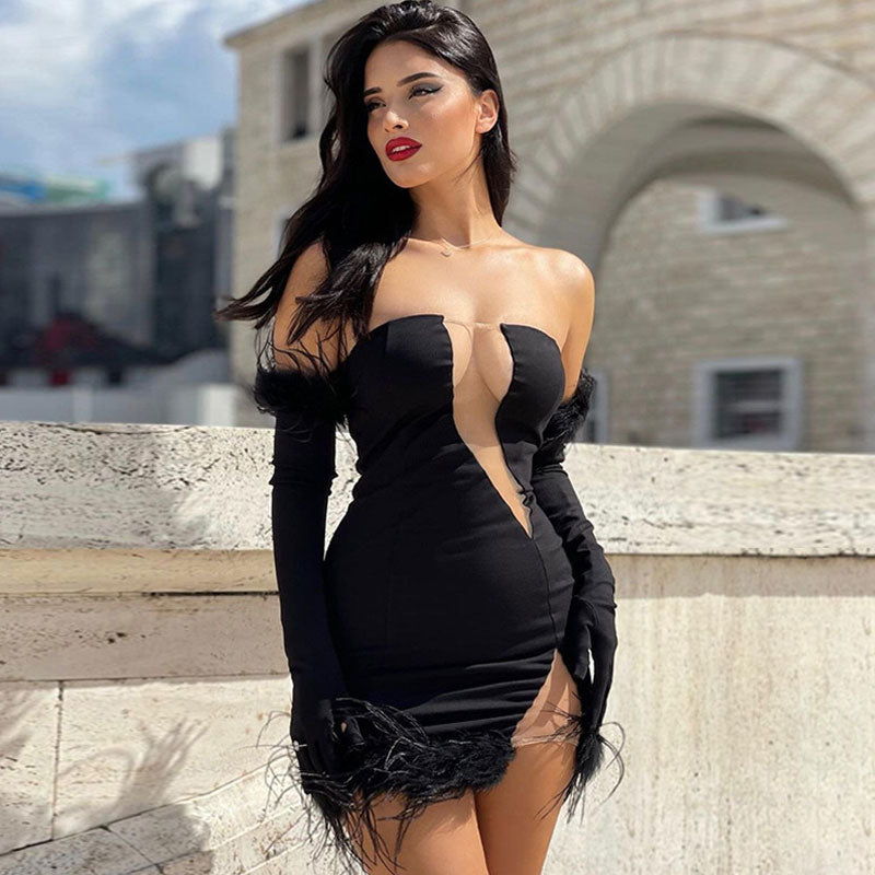 Black Strapless Feather Trim Glove Illusion Bodycon Mini Dress