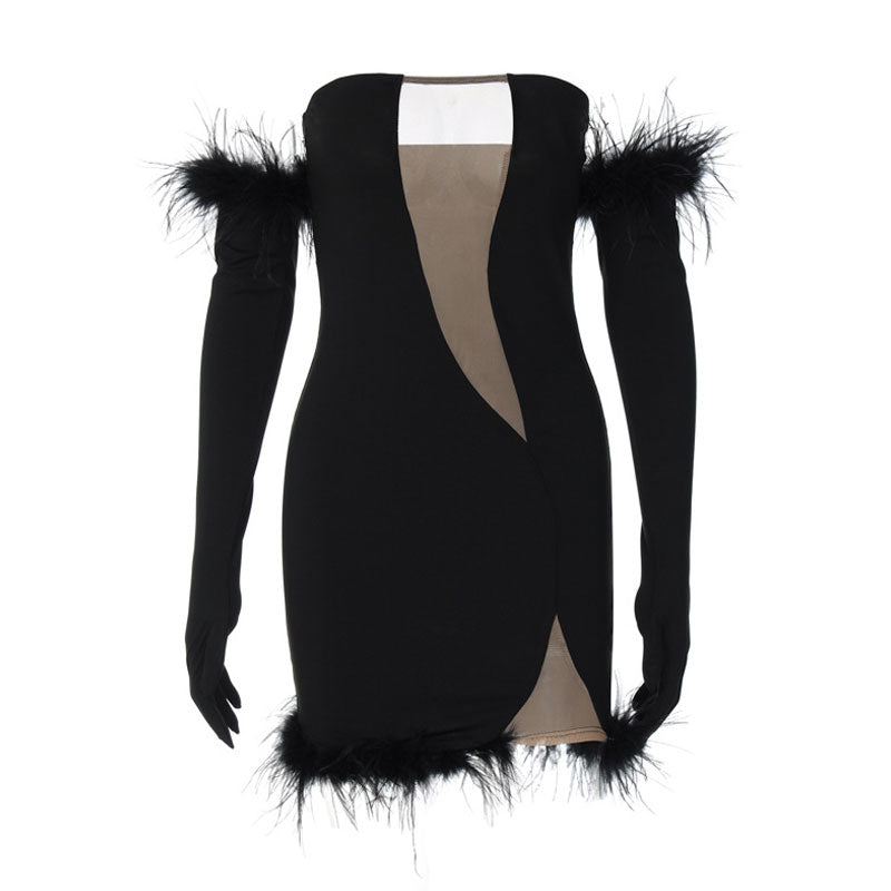 Black Strapless Feather Trim Glove Illusion Bodycon Mini Dress