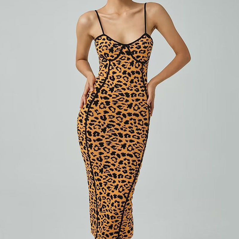 Leopard Spaghetti Strap Leopard Knit Bodycon Midi Dress