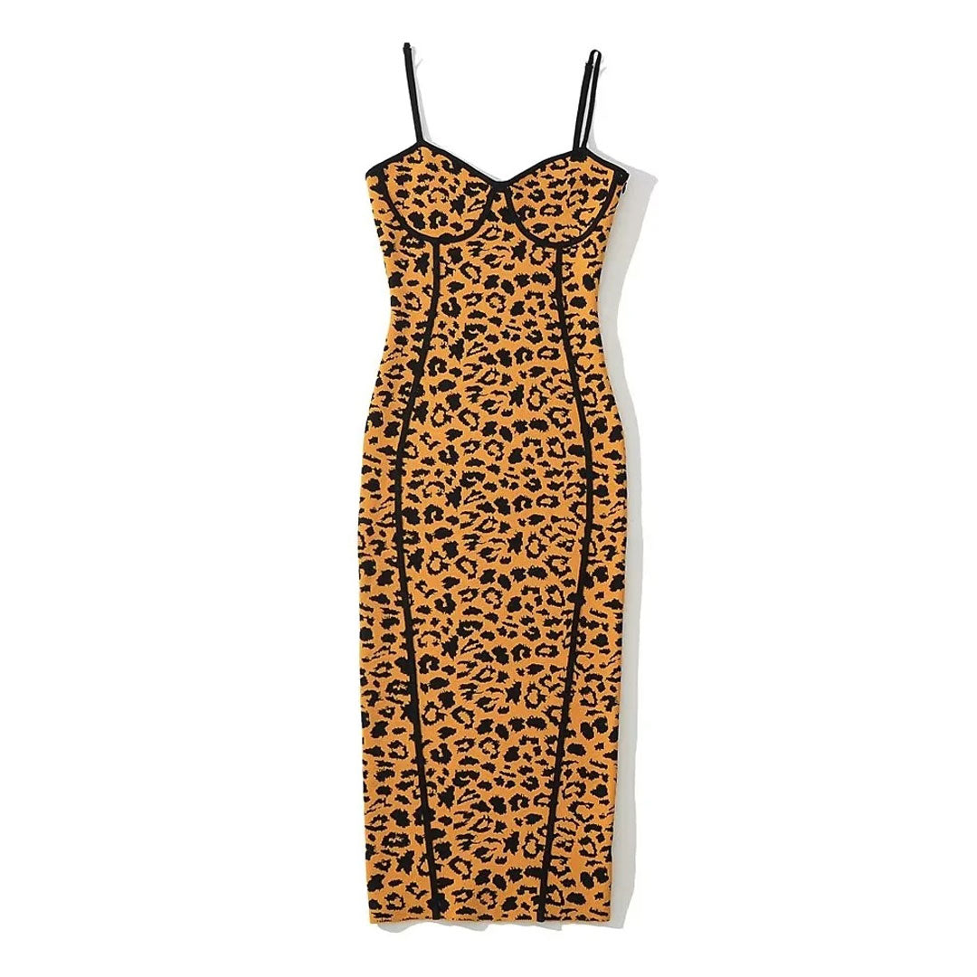 Leopard Spaghetti Strap Leopard Knit Bodycon Midi Dress