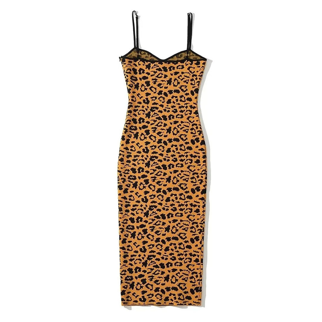 Leopard Spaghetti Strap Leopard Knit Bodycon Midi Dress