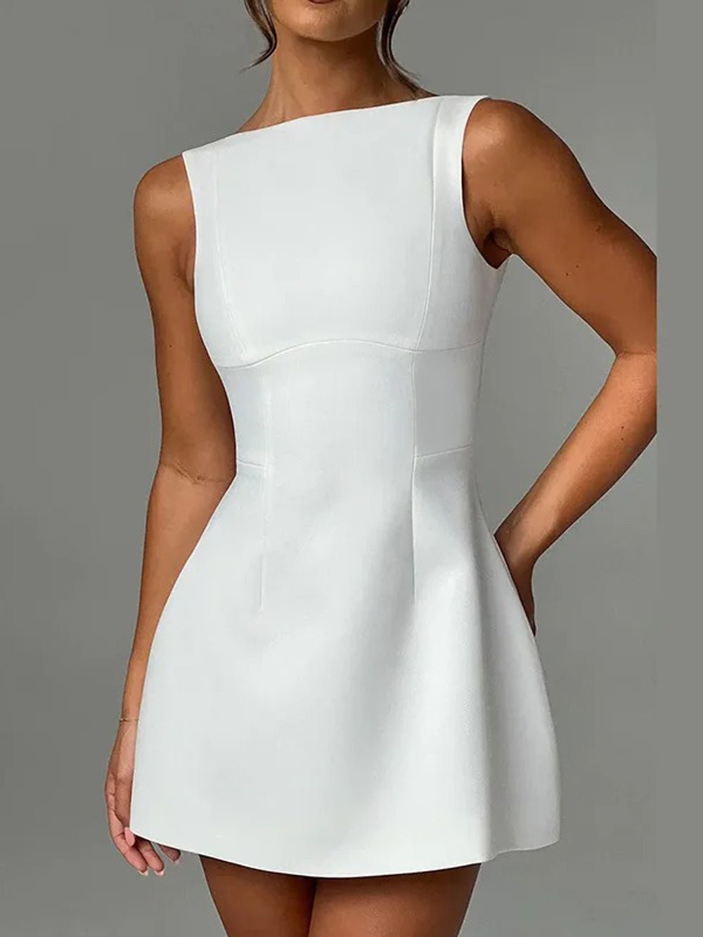 Boat Neck Wide Strap Princess Seam Pocket Fit and Flare Mini Dress 3