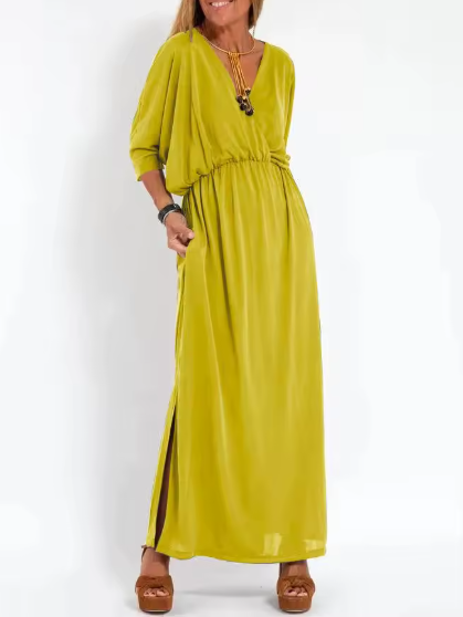 Surplice V-Neck Dolman Sleeve Elastic Waist Flowy Maxi Dress 8