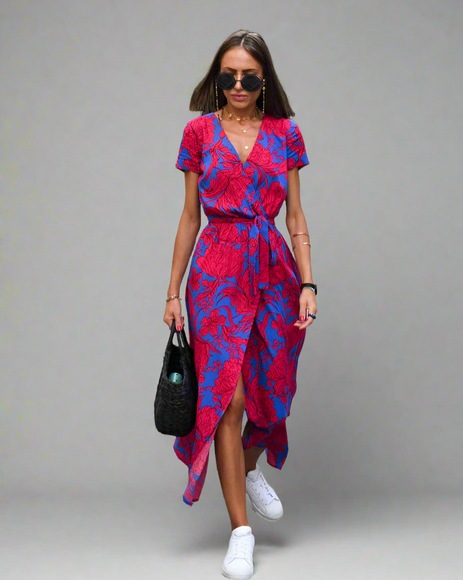 Wendy Elegant A-line Dress with V-neck and Floral Pattern for Women