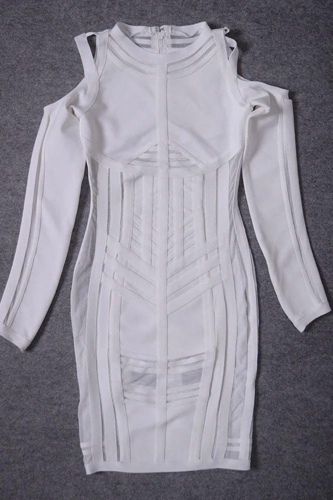 Amelia Long Sleeve Bandage Dress - White Pearl (Sale)