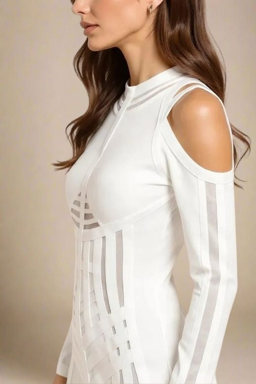 Amelia Long Sleeve Bandage Dress - White Pearl (Sale)