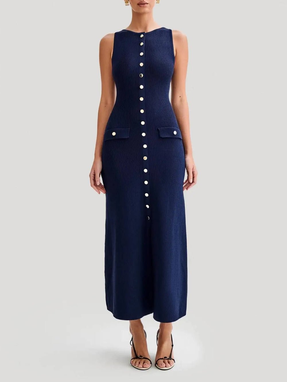 Knit Ribbed Sleeveless Button Front Mock Pocket Midi Dress 4