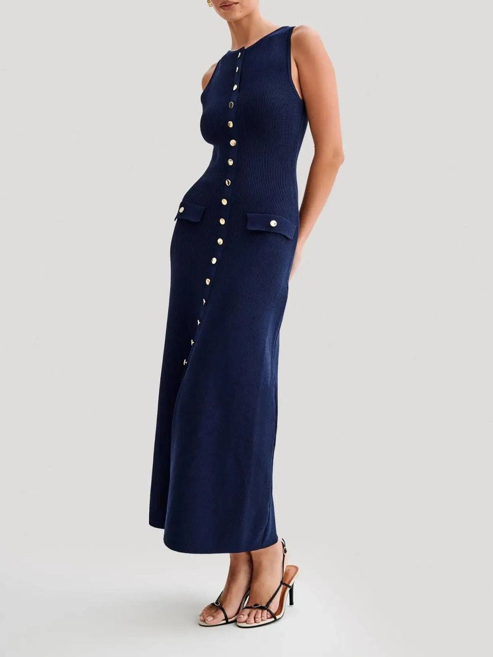 Knit Ribbed Sleeveless Button Front Mock Pocket Midi Dress 6