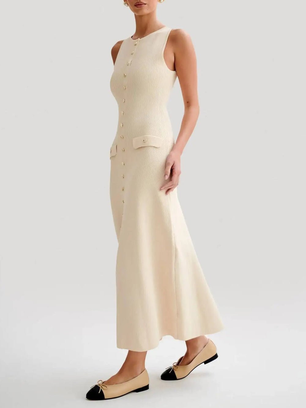Knit Ribbed Sleeveless Button Front Mock Pocket Midi Dress 3