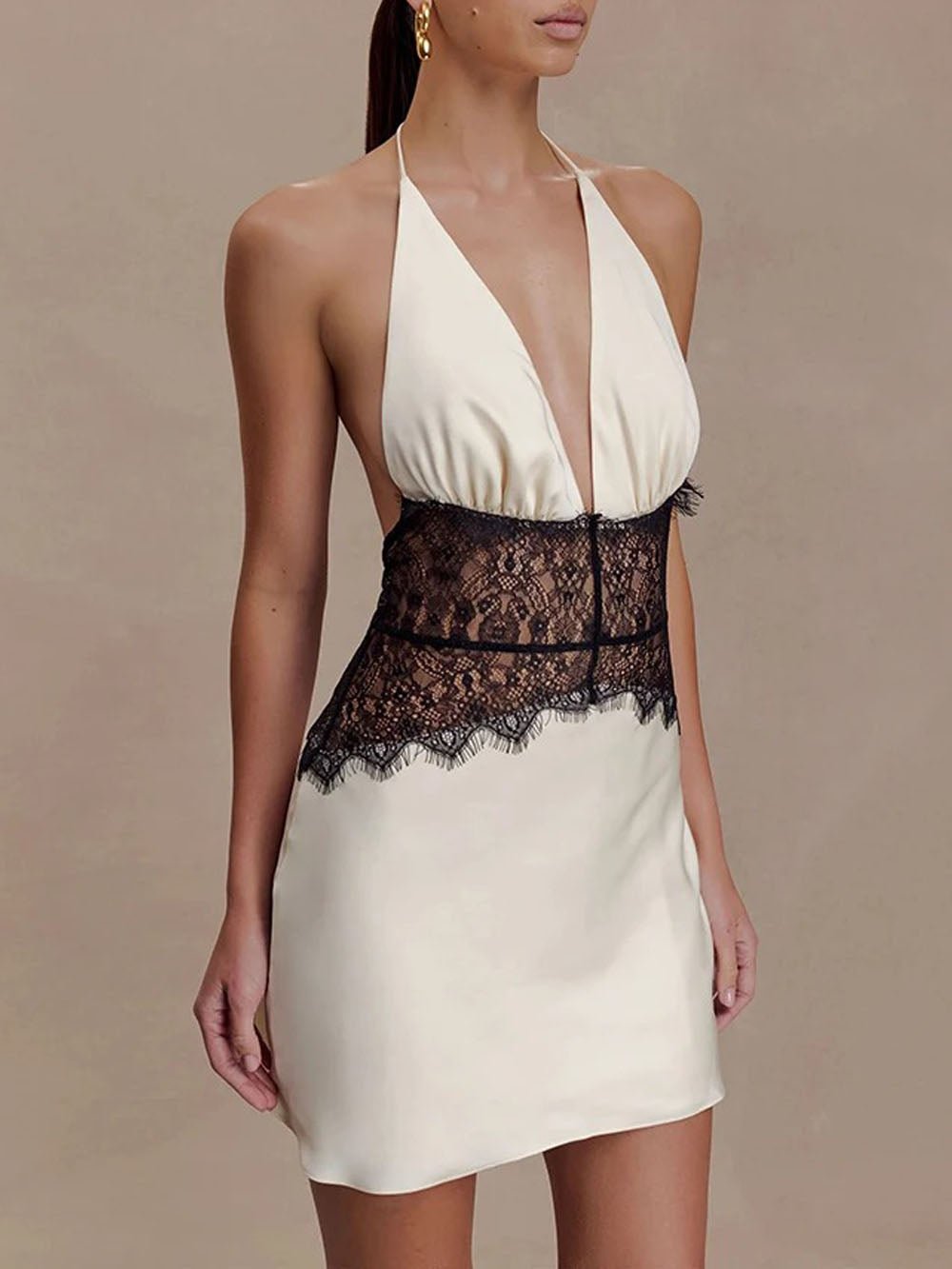 White Satin Halter Neck Deep V-Neck Lace Waist Inset Mini Dress 3