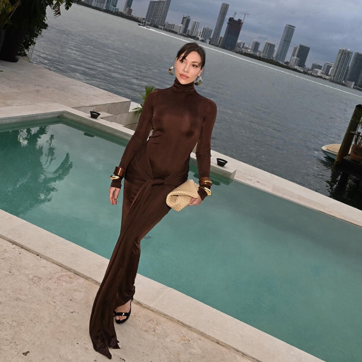 Turtleneck Long Sleeve Slinky Knot Front Bodycon Maxi Dress
