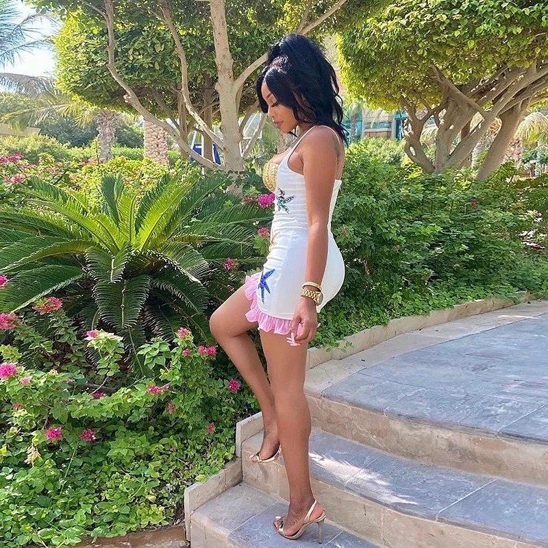 White Strap Beaded Bust Sequin Starfish Ruffle Hem Bodycon Mini Dress