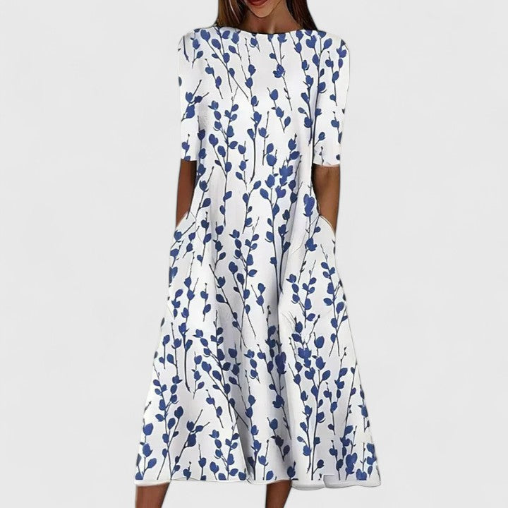 V-Neck Chambray Embroidered Trim Half Sleeve A-Line Midi Dress