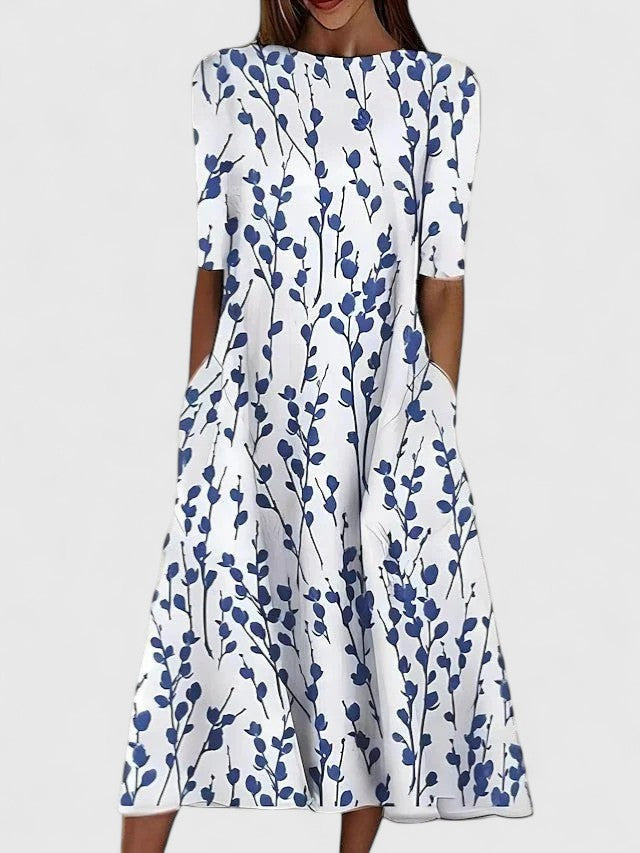 Round Neck Short Sleeve Botanical Floral Print Pocket Midi Dress