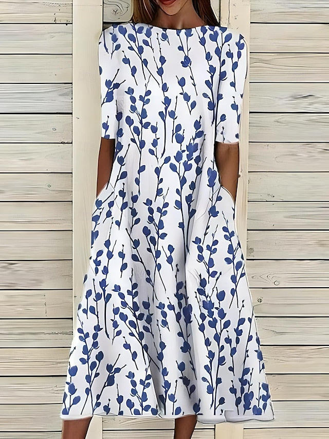 Round Neck Short Sleeve Floral Print Pocket A-Line Midi Dress