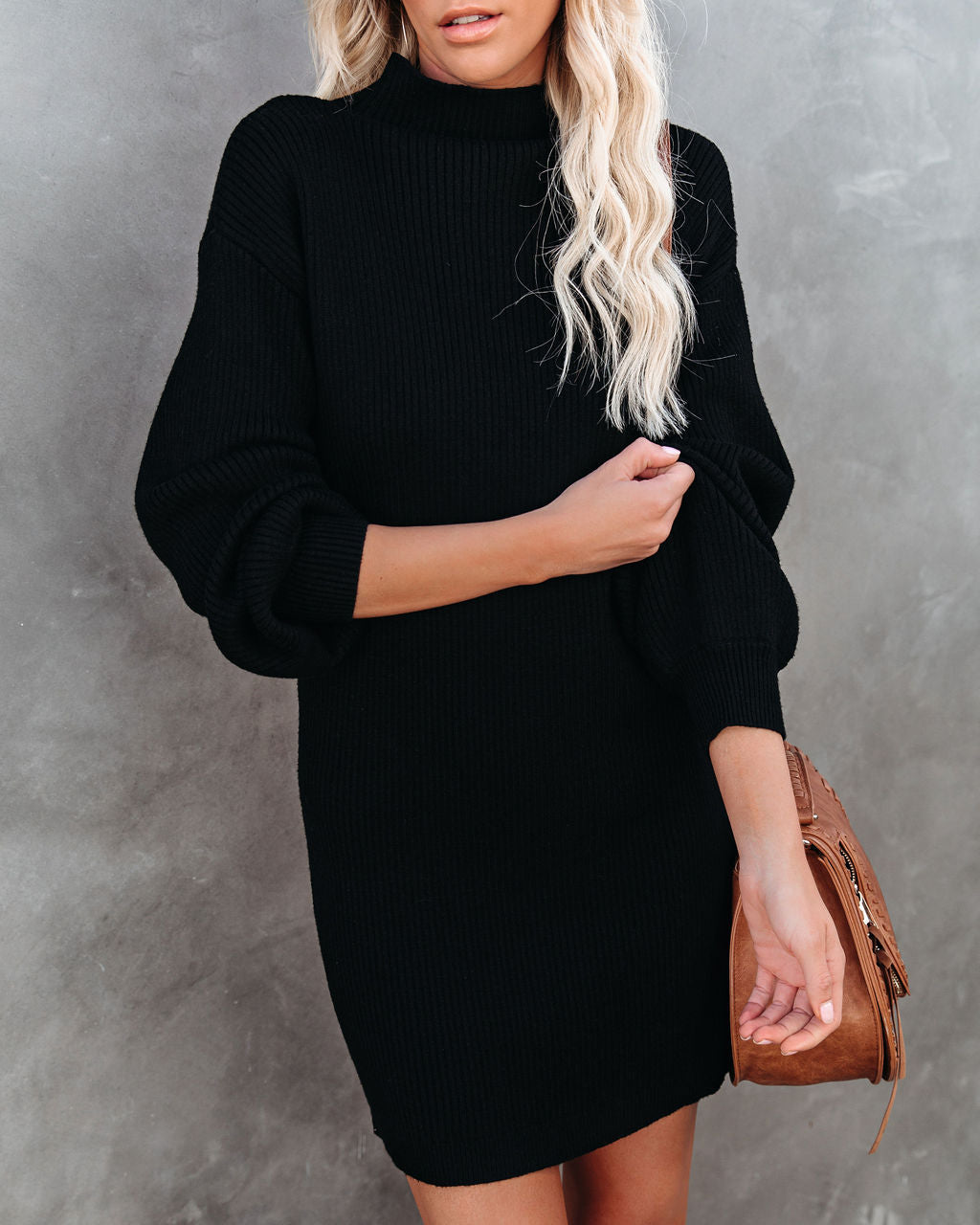 Anastasia Mock Neck Knit Sweater Dress Black FINAL