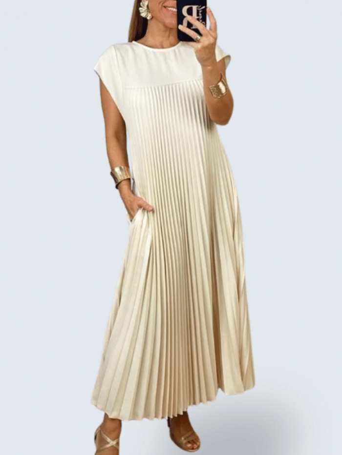 Round Neck Cap Sleeve Pleated Pocket A-Line Maxi Dress