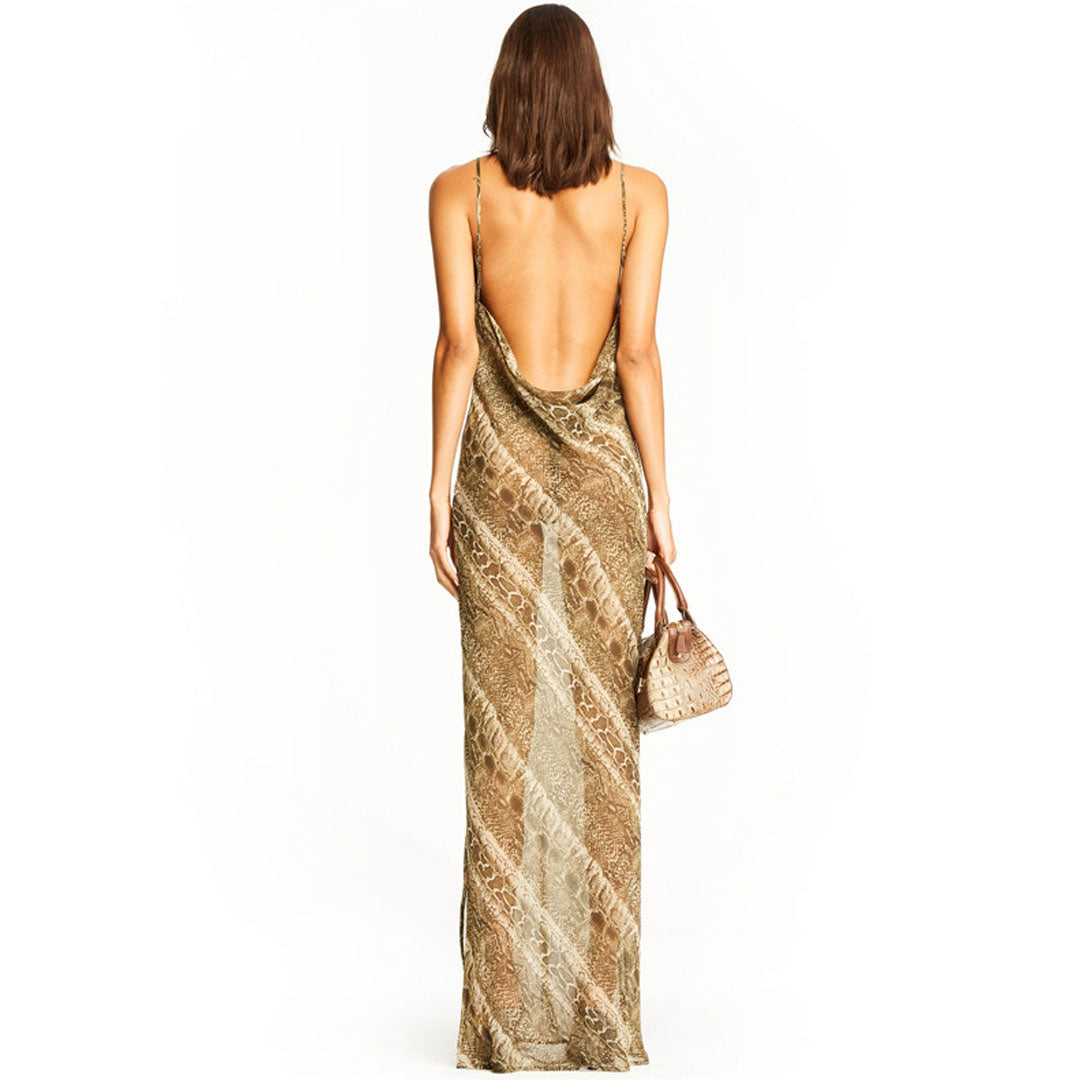 Snake Spaghetti Strap Snake Print Cowl Neck Sheer High Slit Slip Maxi Dress