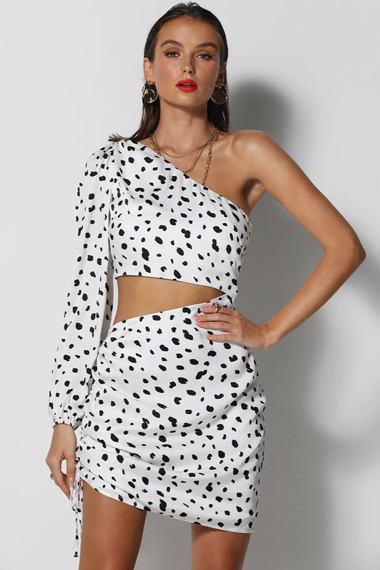 White One Shoulder Long Sleeve Dalmatian Print Cutout Ruched Bodycon Mini Dress