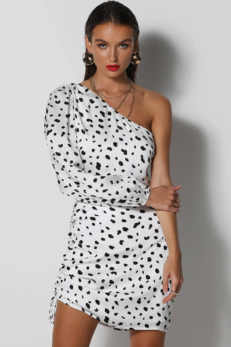 White One Shoulder Long Sleeve Dalmatian Print Cutout Ruched Bodycon Mini Dress