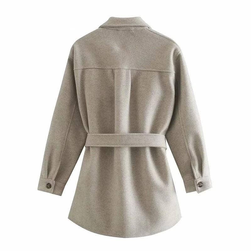 Beige Collared Button Front Patch Pocket Belted Wool Shirt Coat