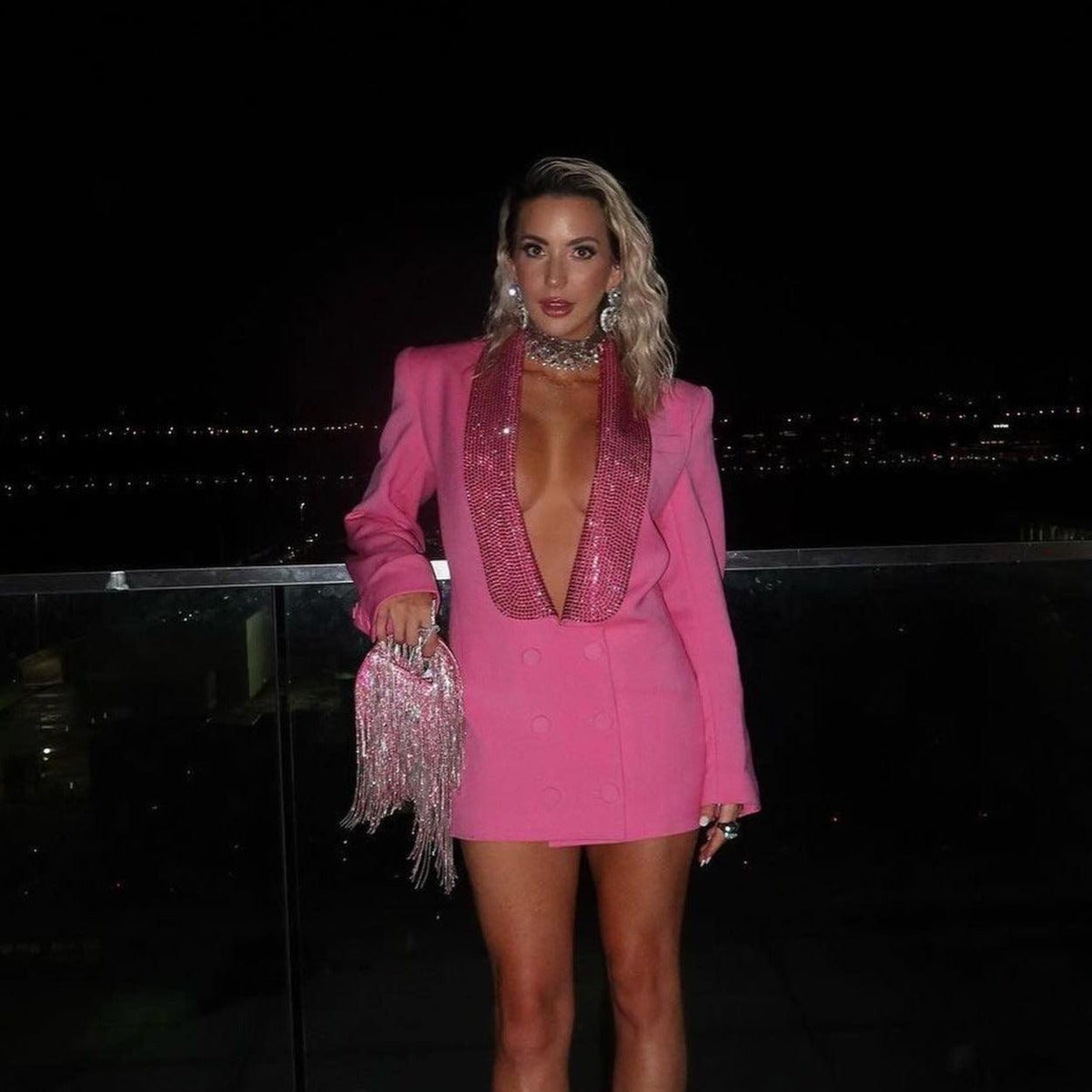 Pink Crystal Scarf Double Breasted Blazer Mini Dress 2