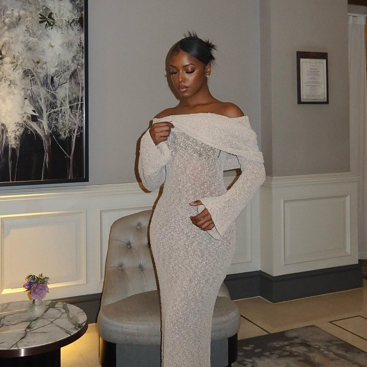 Off-Shoulder Long Sleeve Sheer Knit Bodycon Maxi Dress 4