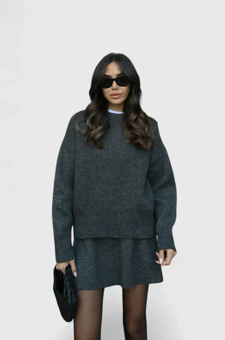 Round Neck Long Sleeve Oversized Knit Sweater Skirt Set 4