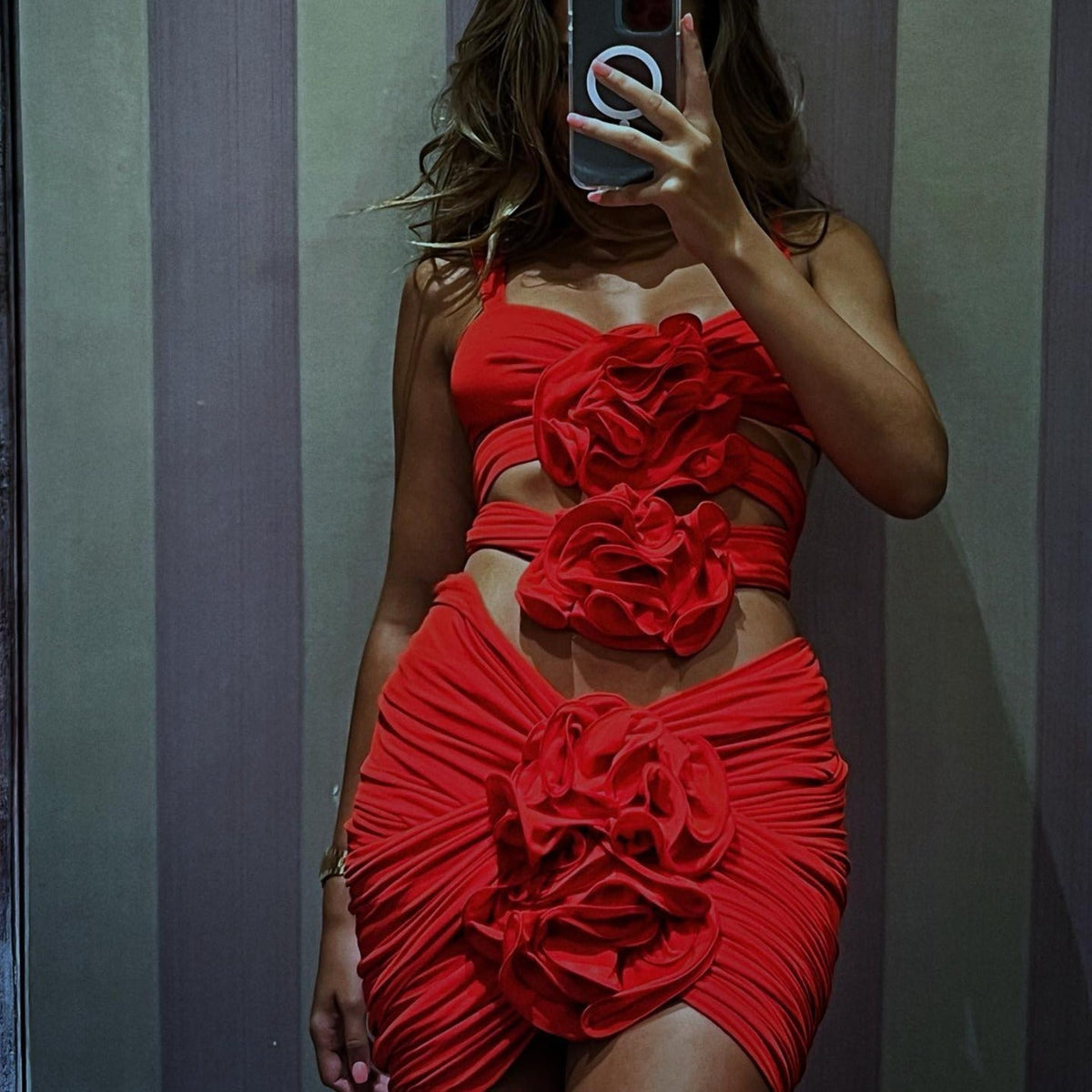 Red Strappy Rosette Cutout Ruched Bodycon Mini Dress