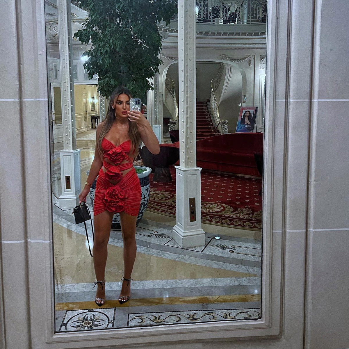 Red Strappy Rosette Cutout Ruched Bodycon Mini Dress