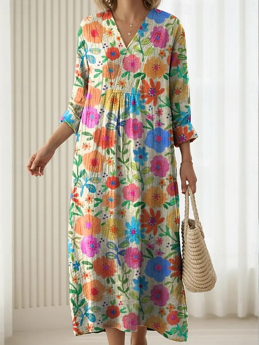 Multicolor V-Neck Watercolor Floral Print Roll-Tab Sleeve Empire A-Line Maxi Dress