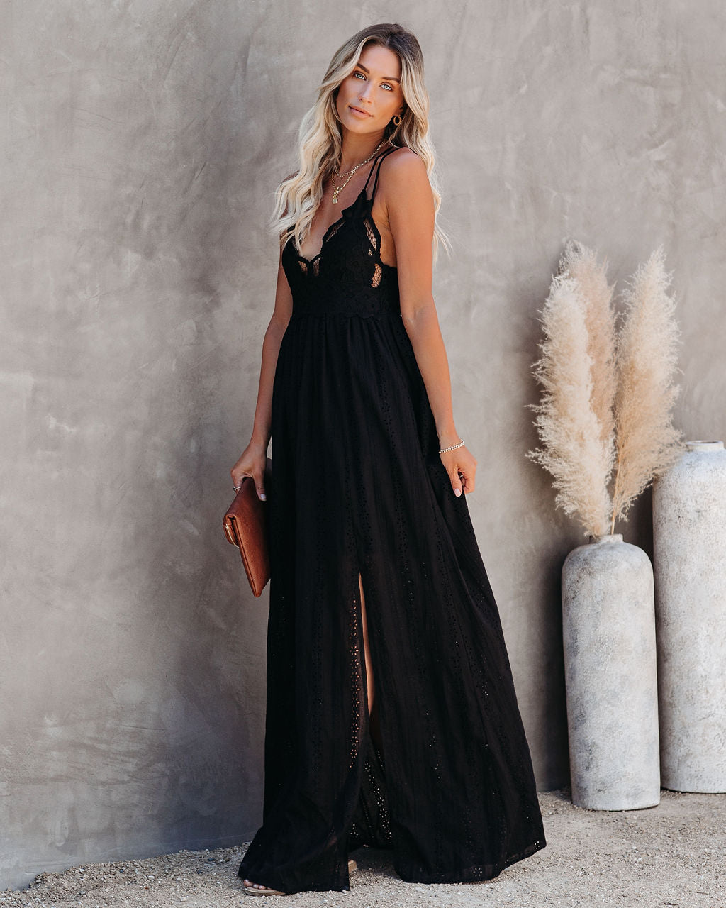 Archer Pocketed Lace Eyelet Maxi Dress Black