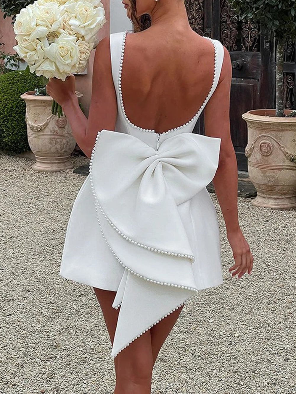 Sleeveless Pearl Trim Bow Back Cascading Ruffle A-Line Mini Dress 4