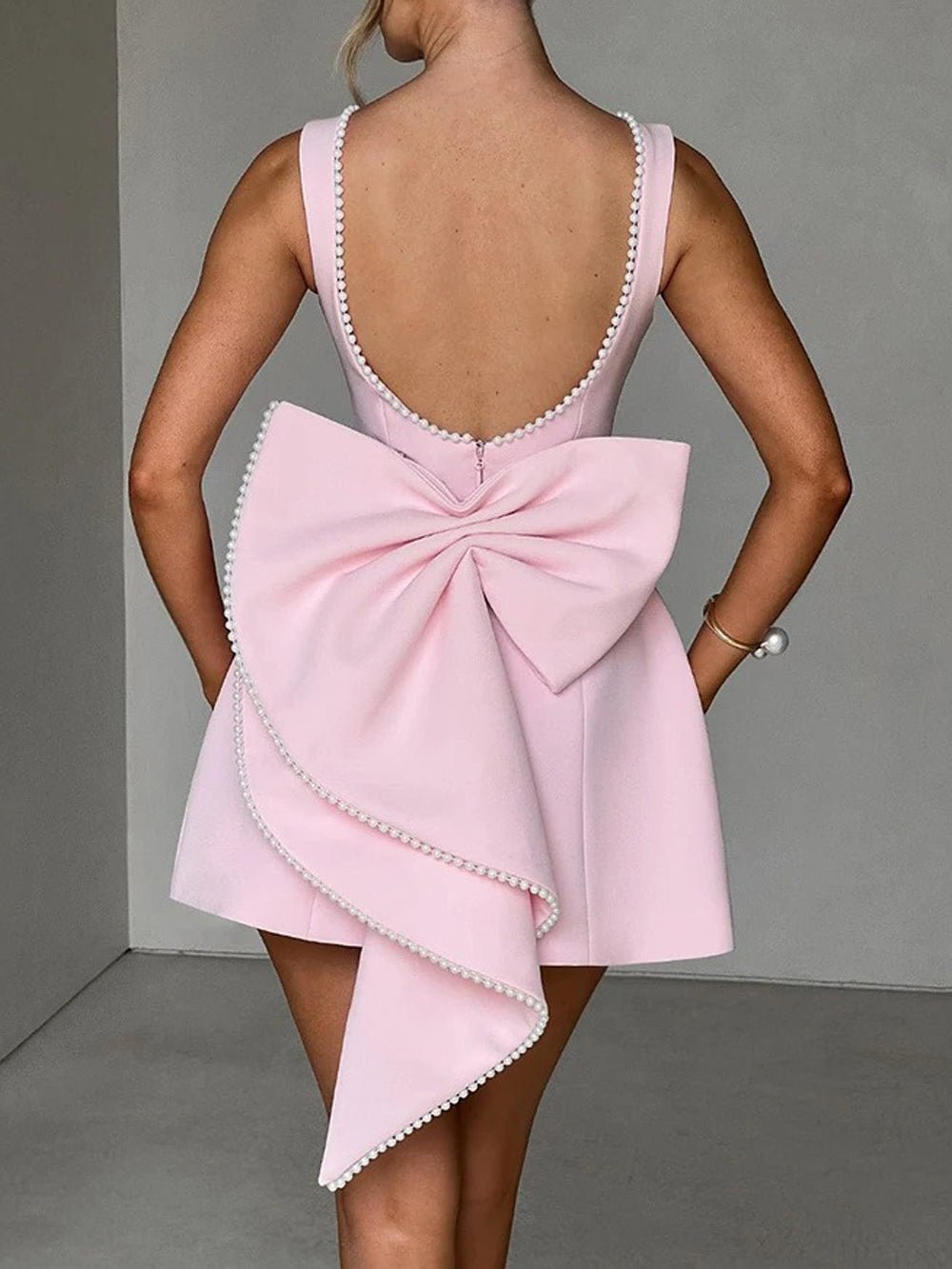 Sleeveless Pearl Trim Bow Back Cascading Ruffle A-Line Mini Dress 6