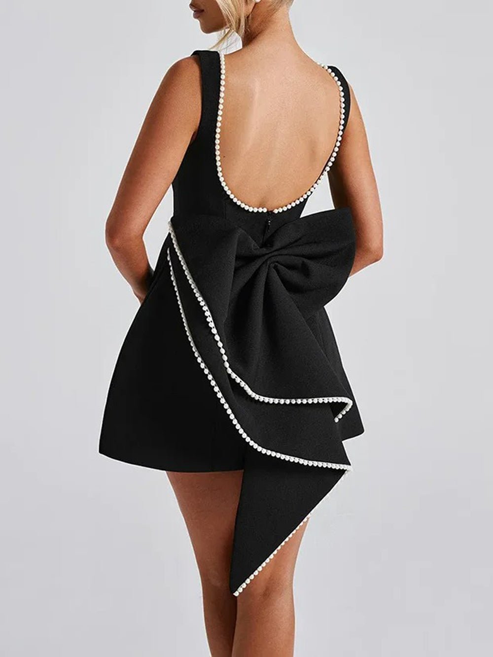 Sleeveless Pearl Trim Bow Back Cascading Ruffle A-Line Mini Dress 3