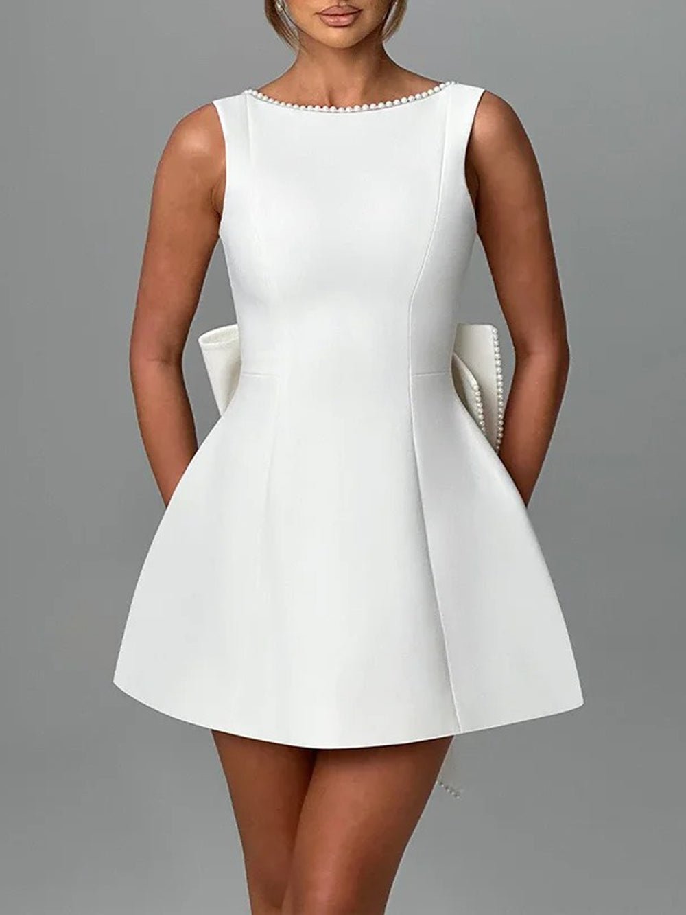 Sleeveless Pearl Trim Bow Back Cascading Ruffle A-Line Mini Dress 5