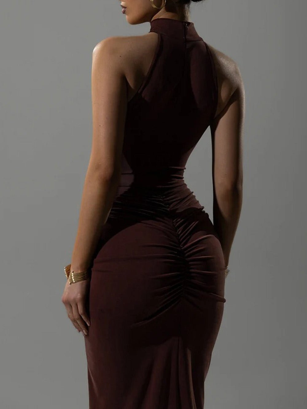 Brown Halter Neck Mock Neck Pleated Ruched Hip High Split Bodycon Maxi Dress 2